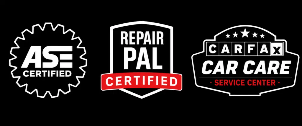 ASE Certified, RepairPal Certified, and CARFAX Car Care Service Center badges displayed by Carter Automotive Center in Mesquite, Texas