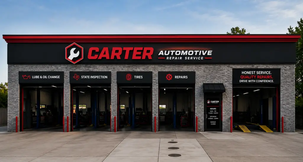 Carter Automotive Repair Service building exterior in Mesquite TX with auto repair, oil change, inspection, and tire service bays