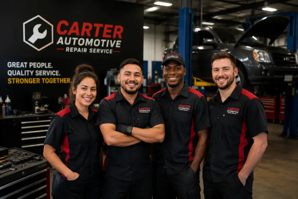Carter Automotive team members standing together in the auto repair shop in Mesquite, TX