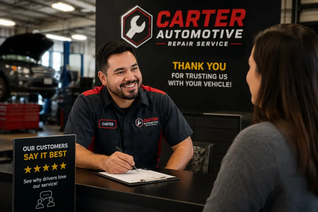 Happy Carter Automotive customer sharing a positive review after receiving professional auto repair service in Mesquite, Texas